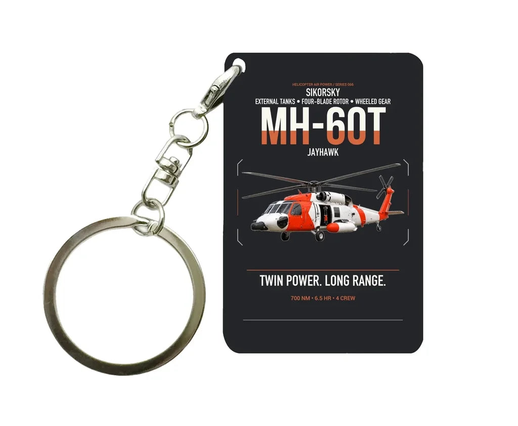 Sikorsky MH-60T Jayhawk design on black designed key chain, double-side print