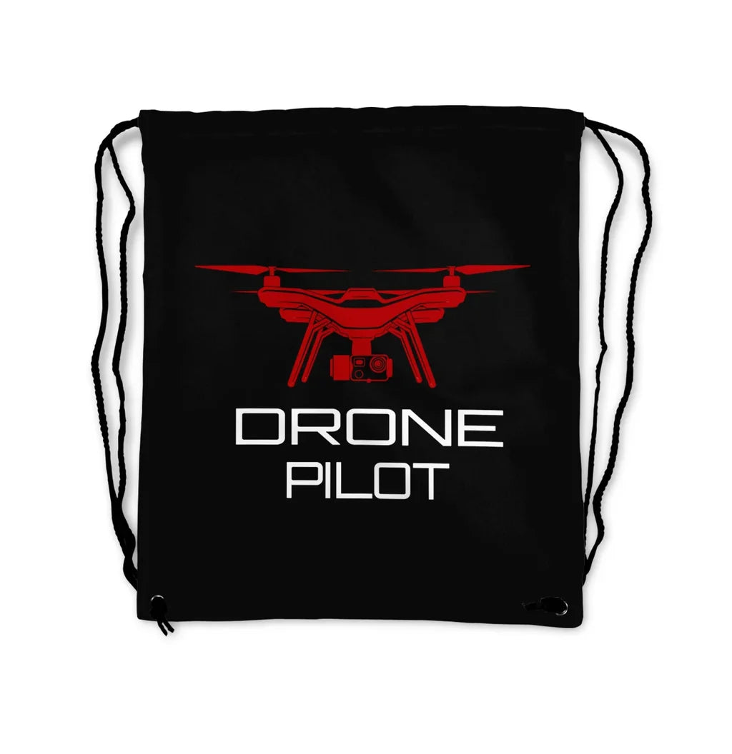 Drone aviation design drawstring bag, lightweight polyester construction.
