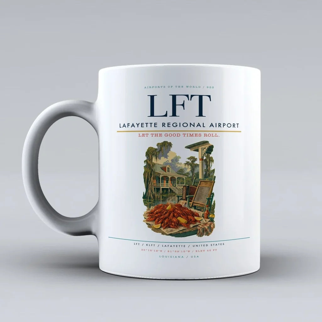 Lafayette Regional Airport (LFT) airport code design on white ceramic mug