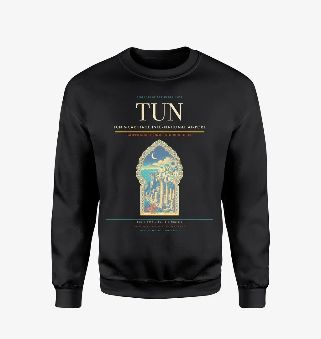 Tunis-Carthage International Airport (TUN) design on black sweatshirt