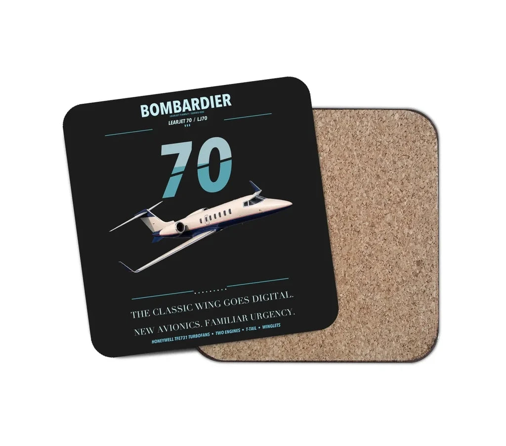 Bombardier Learjet 70 design on black 1 piece coaster