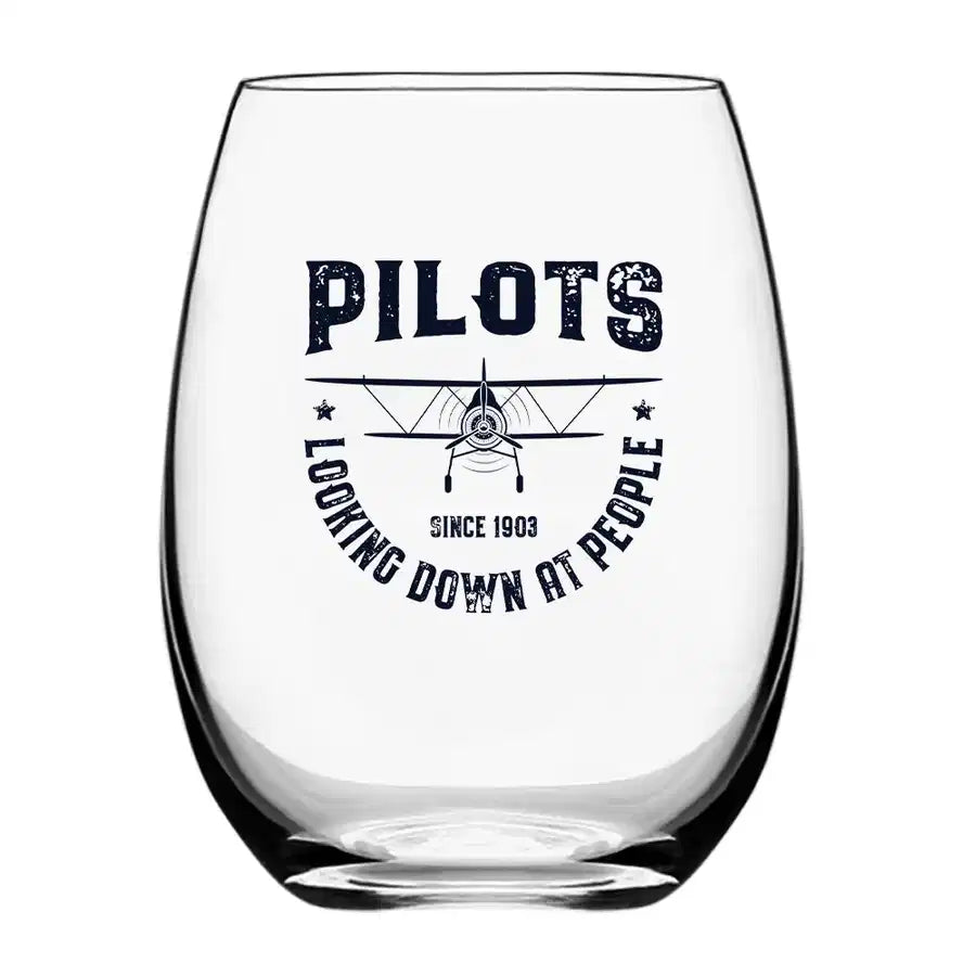 Pilots Looking Down at People Since 1903 Water & Drink aviation design on water glass, crystal-clear premium glassware.