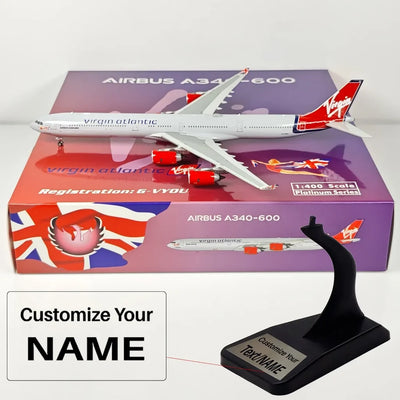 Side view of Virgin Atlantic Airbus A340-600 G-VYOU Airplane Model 1/400 aviation 16-18cm scale model aircraft in diecast met.