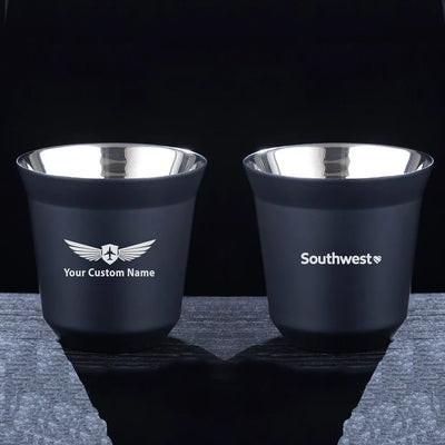 Southwest Airlines aviation design on double-wall coffee mug, vacuum-insulated double-wall.