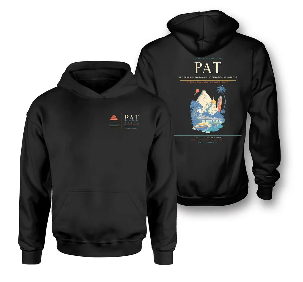 Jay Prakash Narayan International Airport (PAT) design on black double-side hoodie