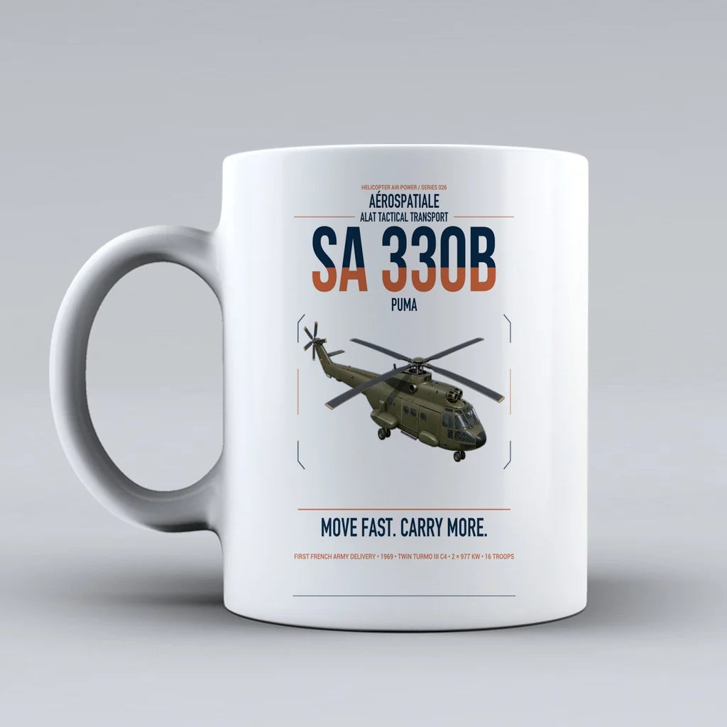 Aérospatiale SA 330B Puma design on white ceramic mug, double-side print