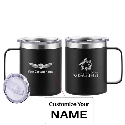 Vistara Airlines aviation design on laser-engraved mug, permanent laser engraving on stainless.