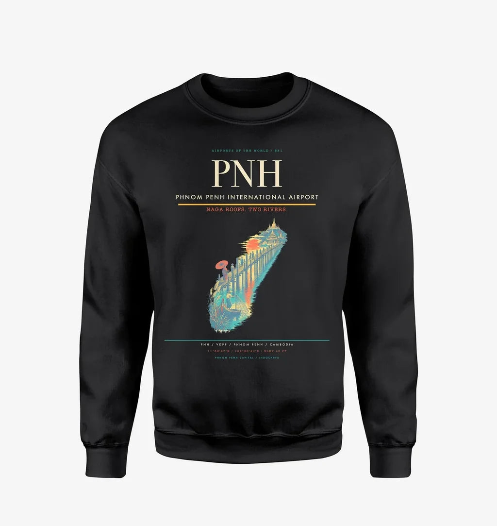 Phnom Penh International Airport (PNH) design on black sweatshirt
