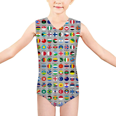 220 World's Flags aviation print on kids quick-dry fabric swimsuit.