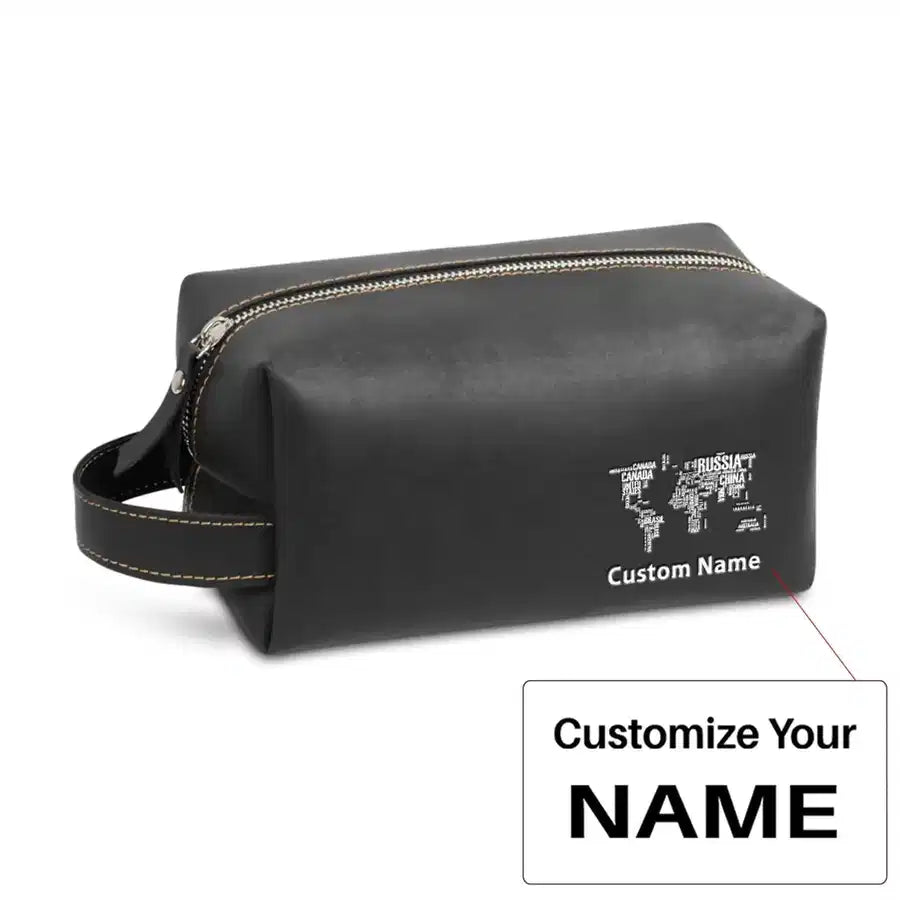 World Map (Text) Leather Clutch aviation design leather clutch toiletry bag, leather construction.