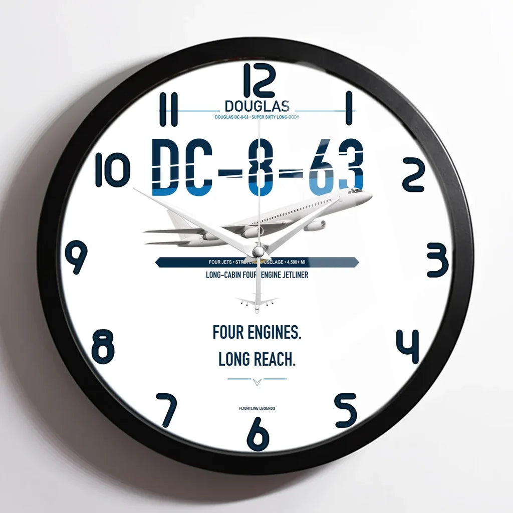 Douglas DC-8-63 design on white framed wall clock