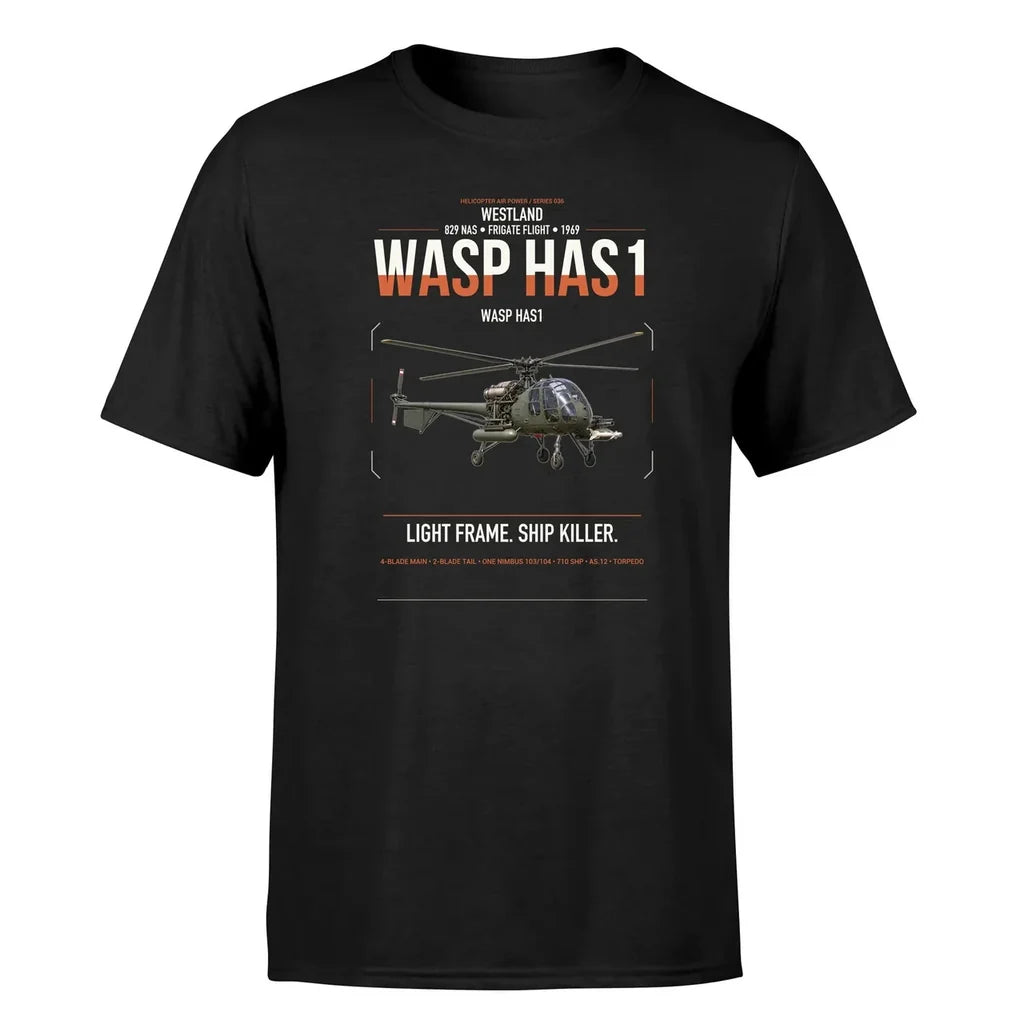 Westland Wasp HAS1 design on black t-shirt, single-side print
