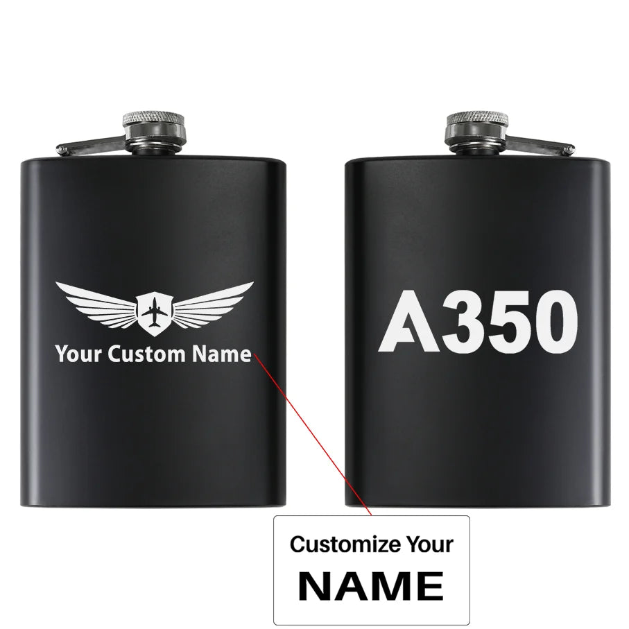 Airbus A350 Flat Text aviation design on stainless hip flask, compact pocket-size flask.