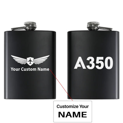 Airbus A350 Flat Text aviation design on stainless hip flask, compact pocket-size flask.