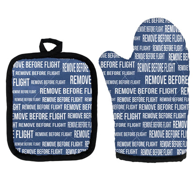 Remove Before Flight 3Blue Kitchen Glove & Holder aviation design on durable fabric with insulated lining kitchen glove holder.