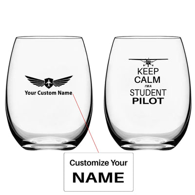 Student Pilot Water & Drink aviation design on water glass, crystal-clear premium glassware.