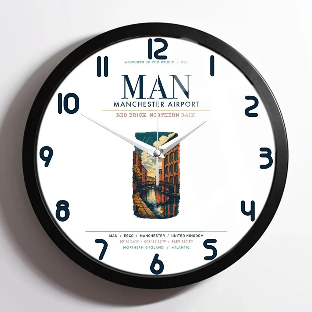Manchester Airport (MAN) design on white framed wall clock