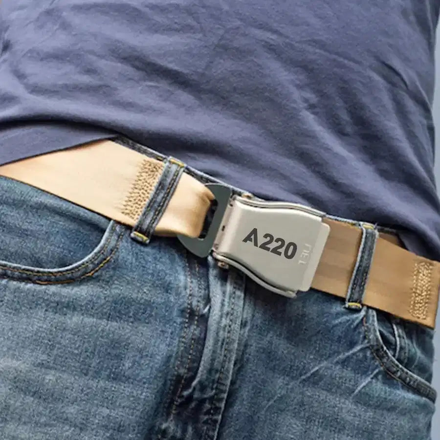 Airbus A220 Flat Text aviation seat-belt buckle accessory, real seat-belt webbing.