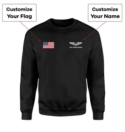 Custom Flag & Name with (Military Badge) aviation design printed on soft cotton blend sweatshirt.