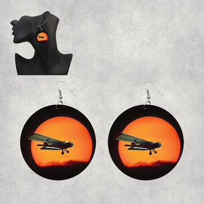 Amazing Antonov-2 With Sunset aviation-themed drop earrings, polished wood with metal hooks.