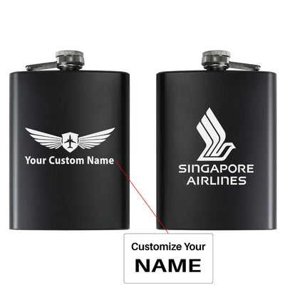 Singapore Airlines aviation design on stainless hip flask, compact pocket-size flask.
