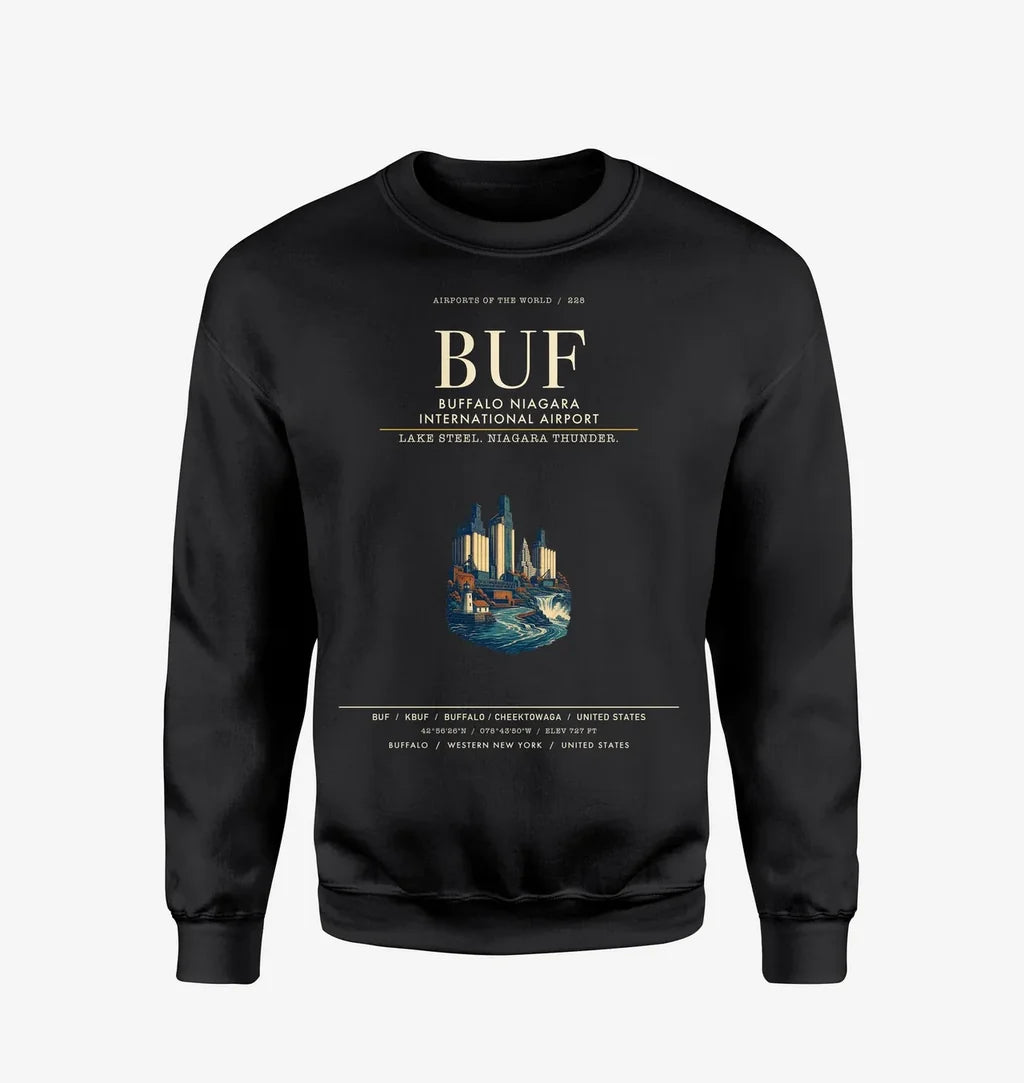 Buffalo Niagara International Airport (BUF) design on black sweatshirt