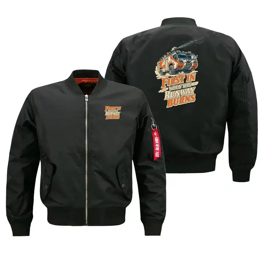SIGNAL 580 - First In When The Runway Burns - Bomber Jacket design on black bomber jacket