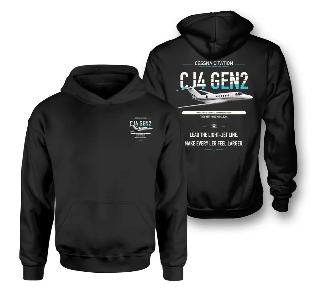 Cessna Citation CJ4 Gen2 design on black double-side hoodie, double-side print
