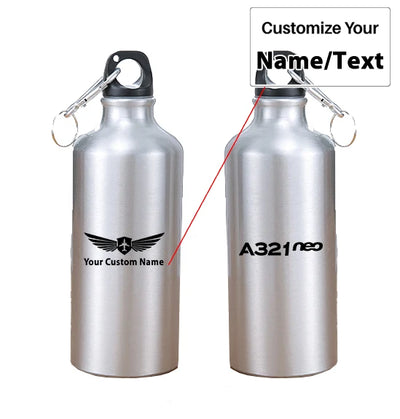 A321neo & Text aviation design on thermos, vacuum-insulated.
