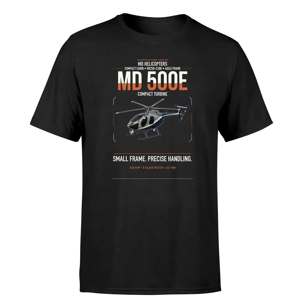 MD Helicopters MD 500E design on black t-shirt, single-side print