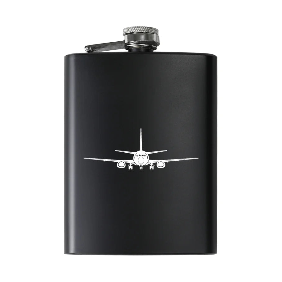 Boeing 737 Silhouette aviation design on stainless hip flask, compact pocket-size flask.
