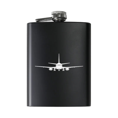 Boeing 737 Silhouette aviation design on stainless hip flask, compact pocket-size flask.