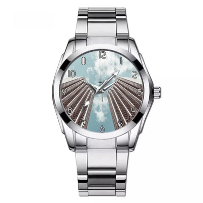 Airplane Flying over Big Buildings aviation-themed watch with stainless steel band, polished stainless steel.