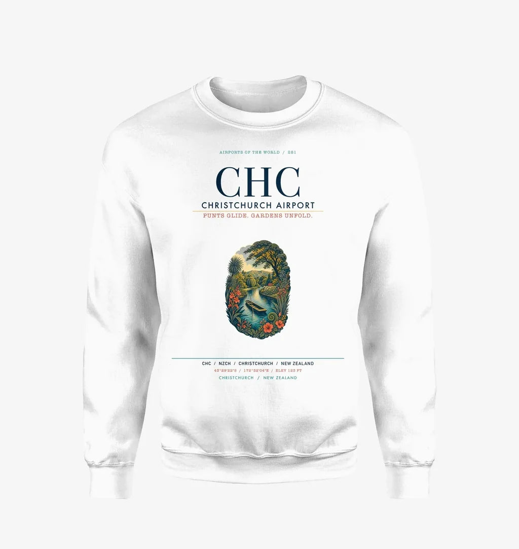 Christchurch Airport (CHC) design on white sweatshirt