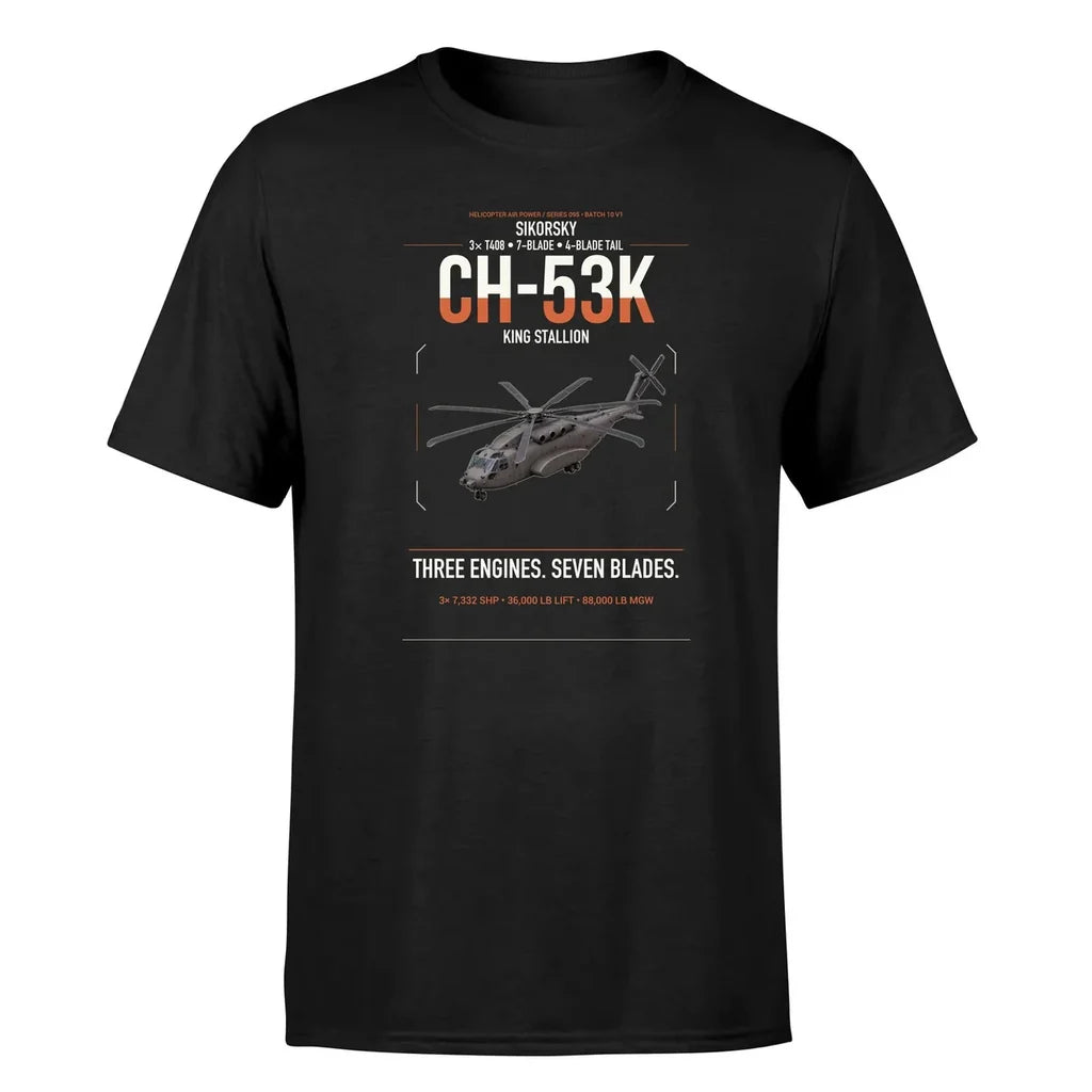 Sikorsky CH-53K King Stallion design on black t-shirt, single-side print