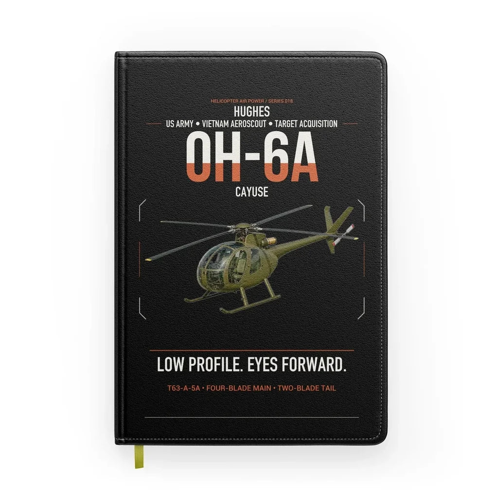 Hughes OH-6A Cayuse design on black notebook