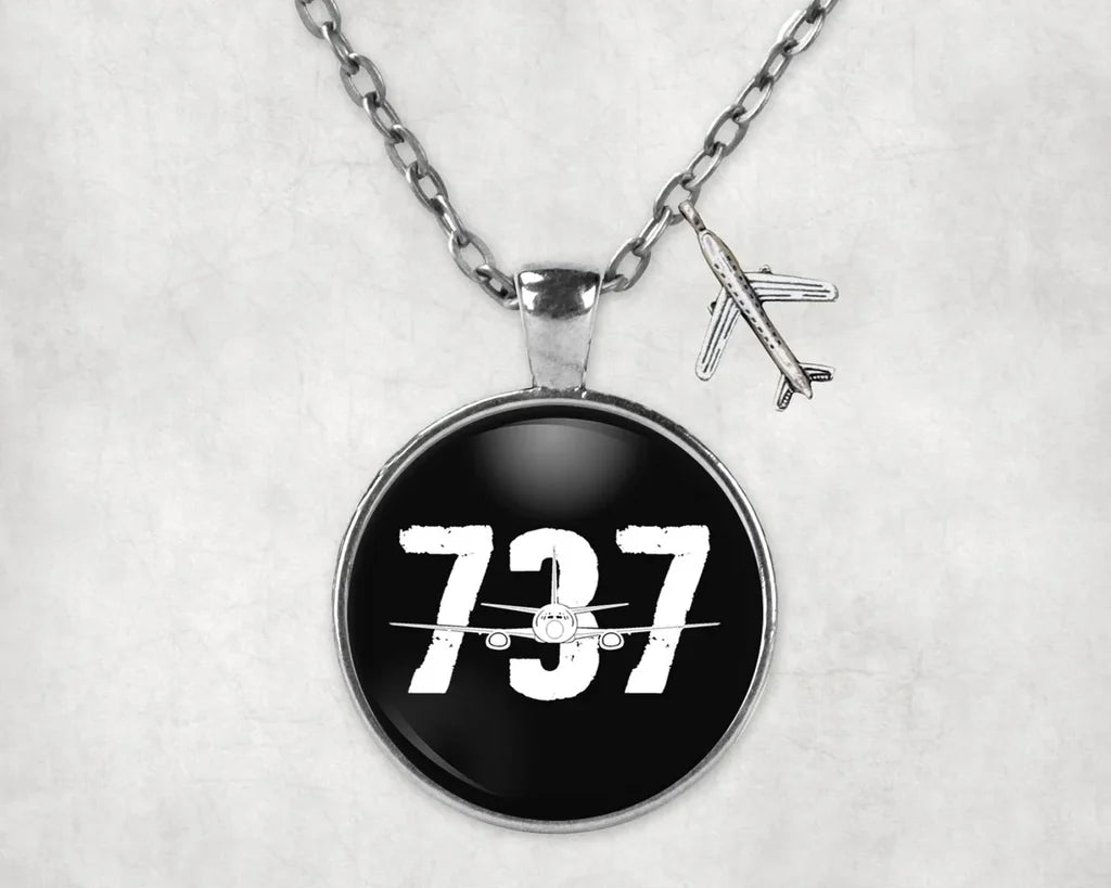 Boeing 737 aviation-themed necklace, polished stainless steel.