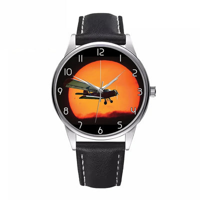 Amazing Antonov-2 With Sunset aviation-themed watch with leather strap, polished leather strap.