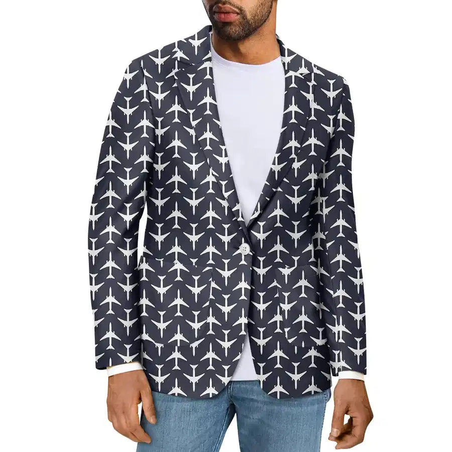 Perfectly Sized Seamless Airplanes Dark Blue aviation design on premium cotton blend men's casual blazer suit.