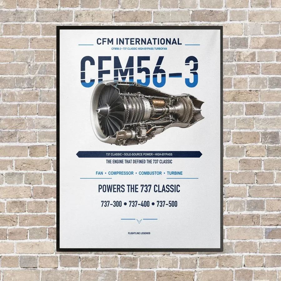 CFM56-3 vertical canvas print - framed - white background