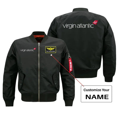 Virgin Atlantic Airlines aviation design with custom name embroidered on black bomber jacket