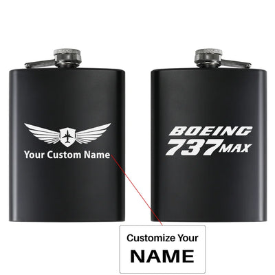 Boeing 737Max aviation design on stainless hip flask, compact pocket-size flask.