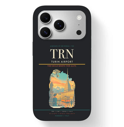 Turin Airport (TRN) design on black iPhone 17 Pro MagSafe case