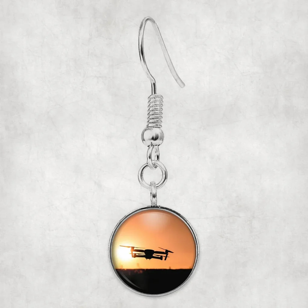 Amazing Drone in Sunset aviation earrings, hypoallergenic alloy body with engraved detail.
