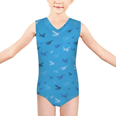 Many Propellers aviation print on kids quick-dry fabric swimsuit.