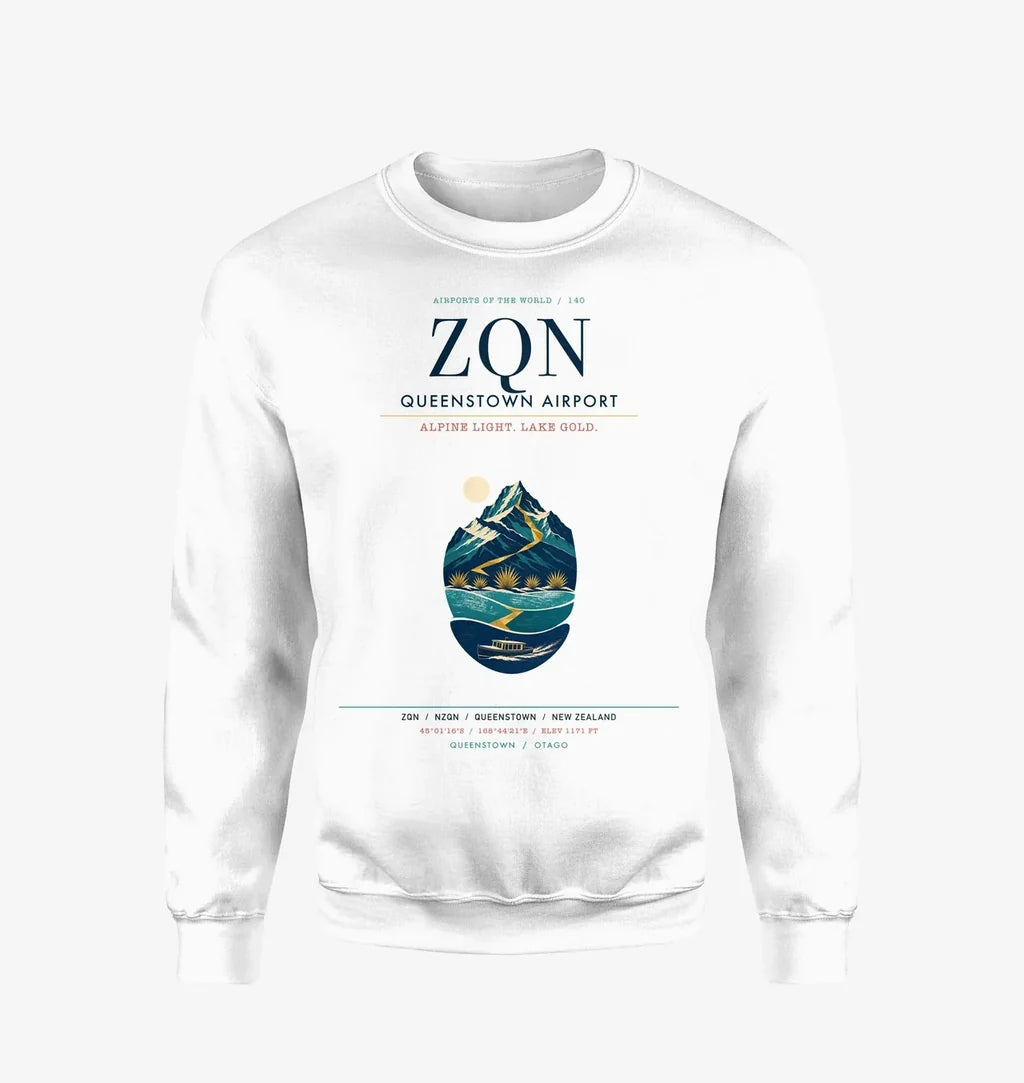 Queenstown Airport (ZQN) design on white sweatshirt