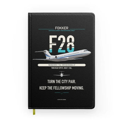 Fokker F28 Mark 4000 Fellowship design on black notebook
