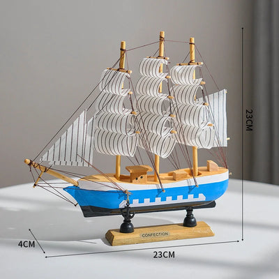 Side view of Light Blue Nautical Wooden Sailboat Model Ornament aviation model ship in diecast metal or wood with detailed pa.