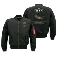 Thumbnail for Boeing CH-47F Chinook design on black bomber jacket, double-side print
