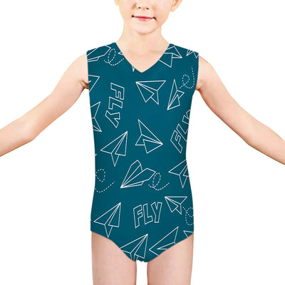 Paper Airplane & Fly Green aviation print on kids quick-dry fabric swimsuit.